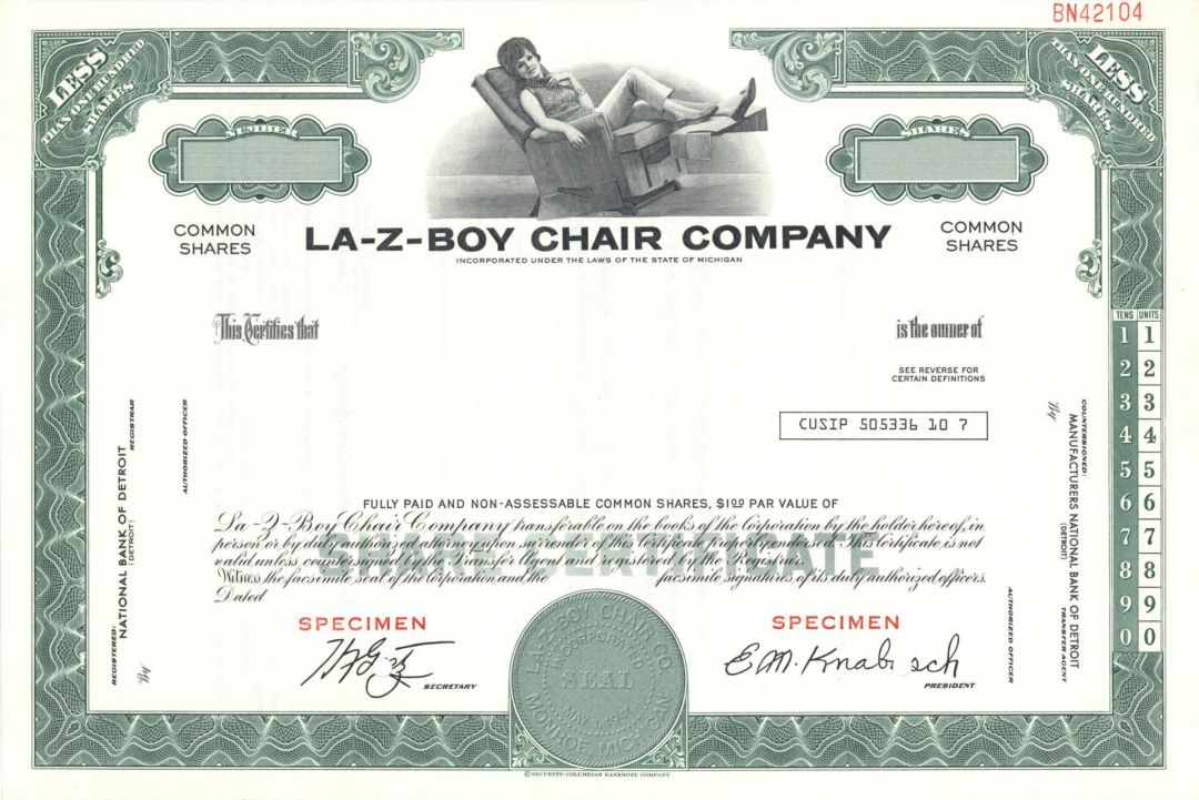 La-Z-Boy Chair Co. -  1941 Specimen Stock Certificate