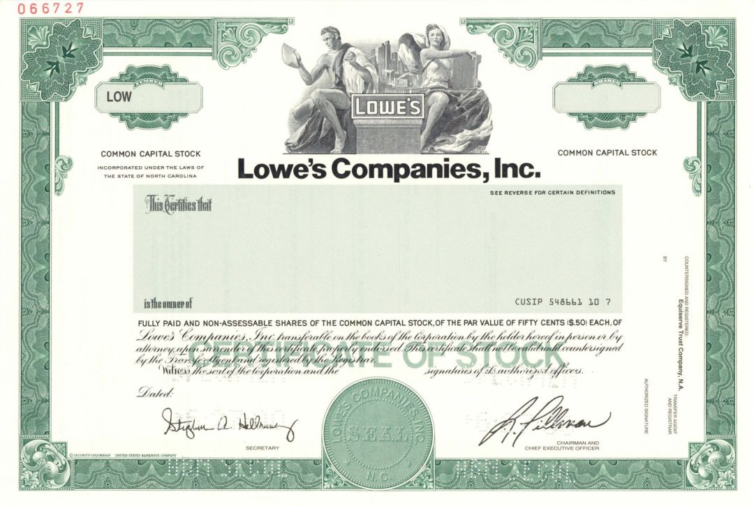 Lowe's Companies, Inc. - 2000 dated Specimen Stock Certificate