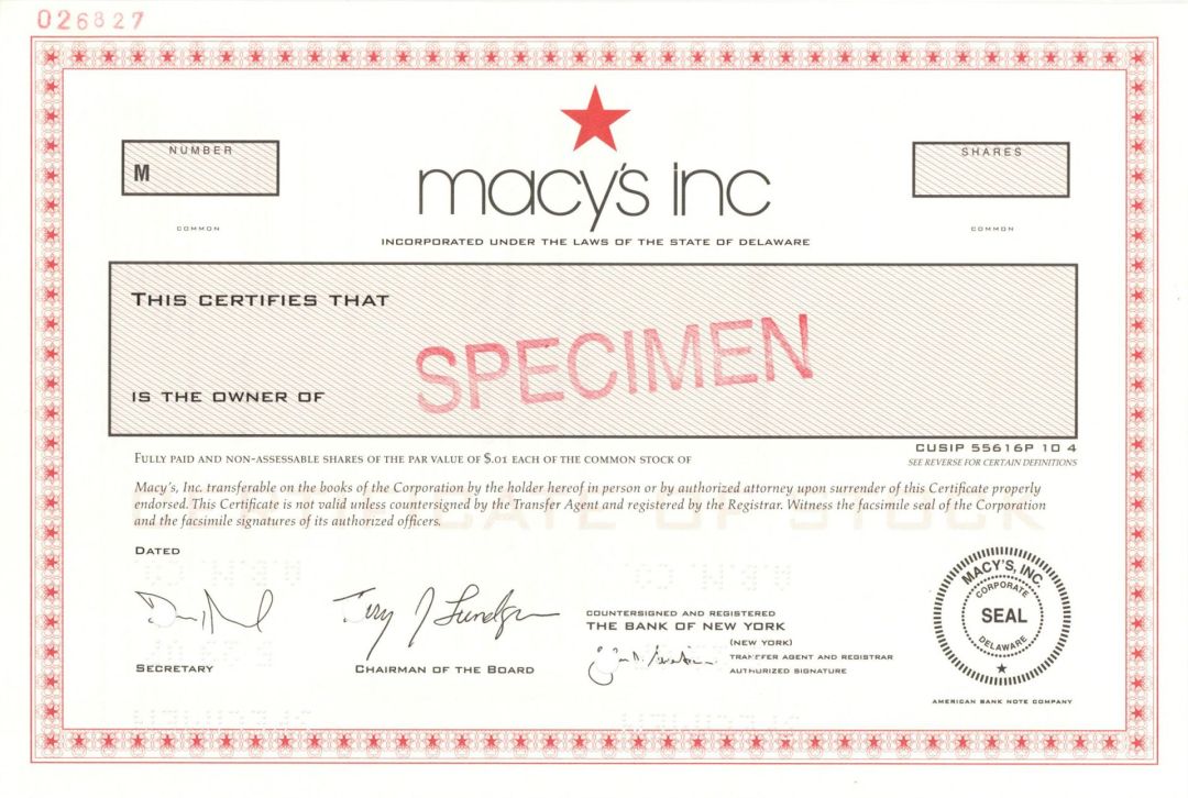 Macy's Inc. - 2007 dated Specimen Stock Certificate - Previously Federated Department Stores, Inc. - American Holding Company of Department Stores