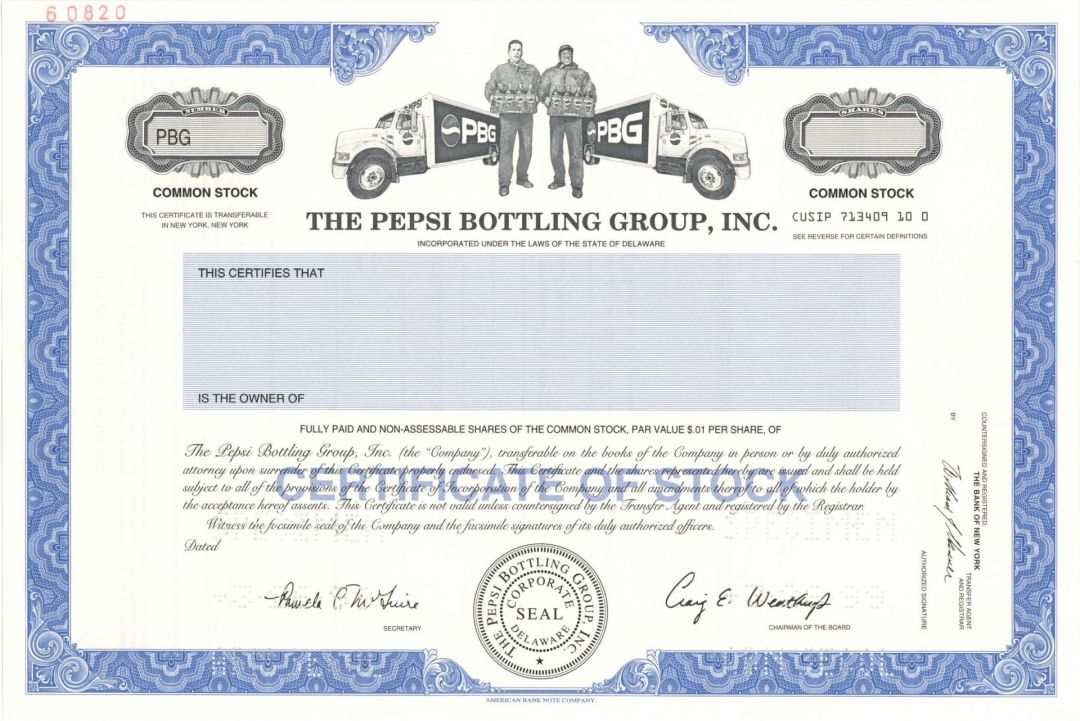 Pepsi Bottling Group, Inc. - 1999 dated Specimen Stock Certificate - Purchased by PepsiCo Merged with PepsiAmericas to form the Pepsi Beverages Co.