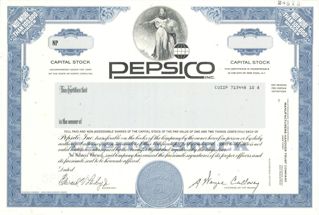 Pepsico Inc. - 1996 dated Specimen Stock Certificate - Famous Soda Company - Very Rare Type