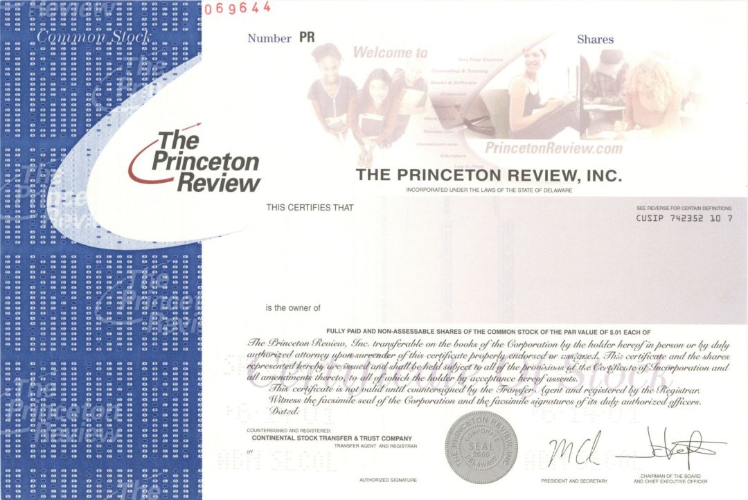 Princeton Review, Inc. - 2001 dated Specimen Stock Certificate