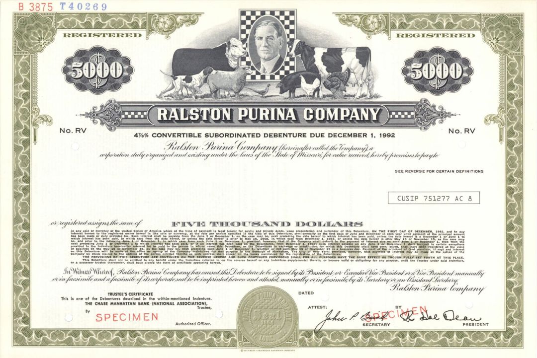 Ralston Purina Co. -  1894 $5,000 Specimen Bond