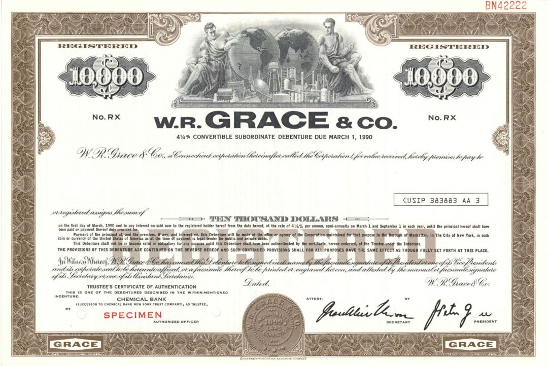 W.R. Grace and Co. -  1899 Various Denominations Specimen Bond