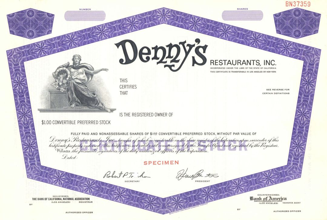 Denny's Restaurants, Inc. - Specimen Stock Certificate - Last One!