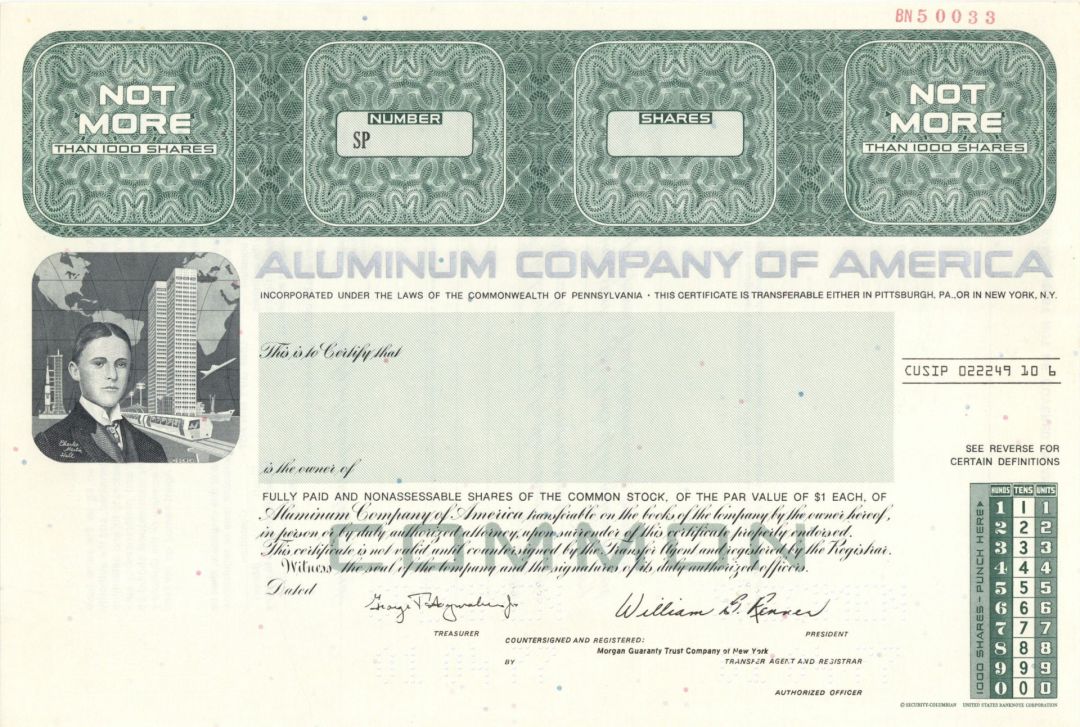 Aluminum Company of America - 1977 dated Specimen Stock Certificate