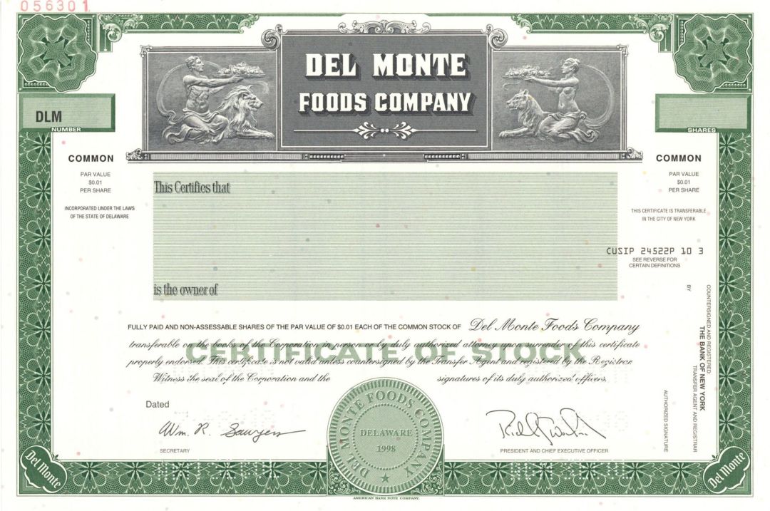 Del Monte Foods Co. -  1998 Specimen Stock Certificate