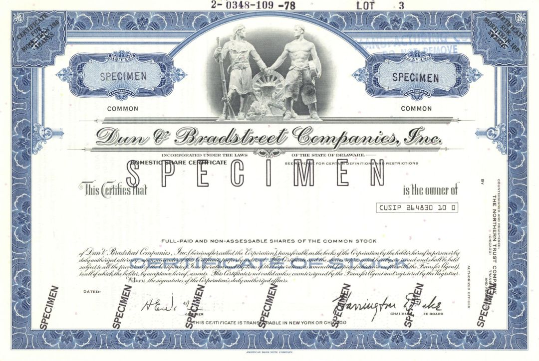 Dun and Bradstreet Companies, Inc. - Specimen Stock Certificate - Available in Brown or Blue - Please Specify Color