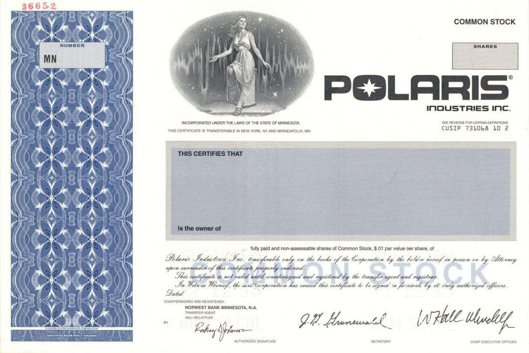 Polaris Industries Inc. - 1995 dated Specimen Stock Certificate