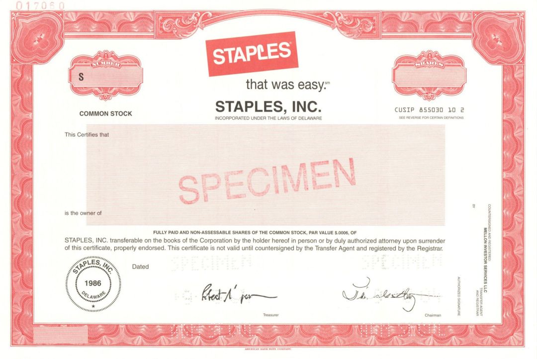 Staples, Inc. -  1986 Specimen Stock Certificate