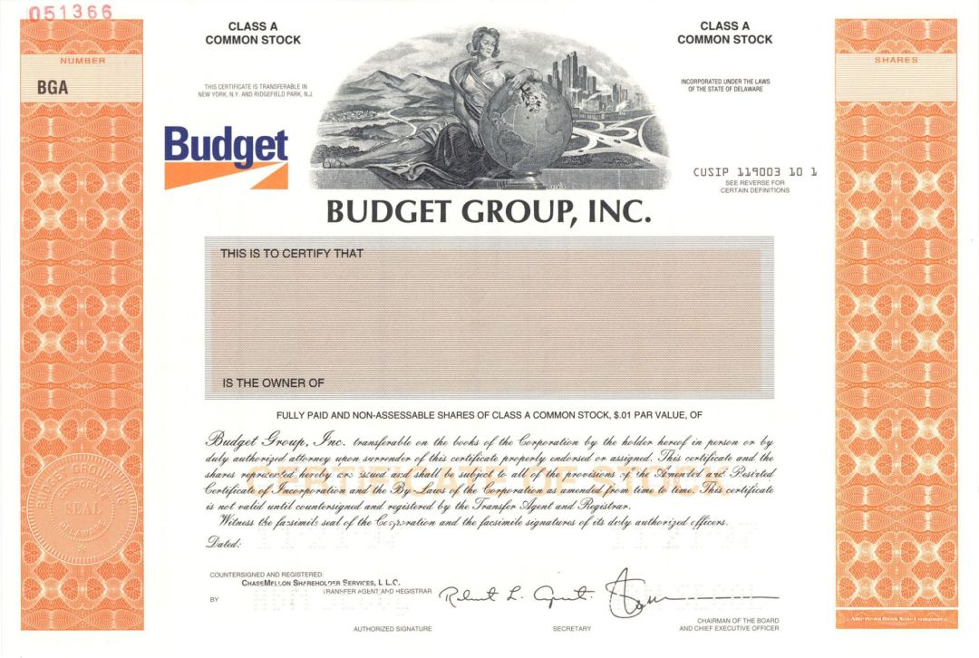 Budget Group, Inc. - 1997 dated Specimen Stock Certificate