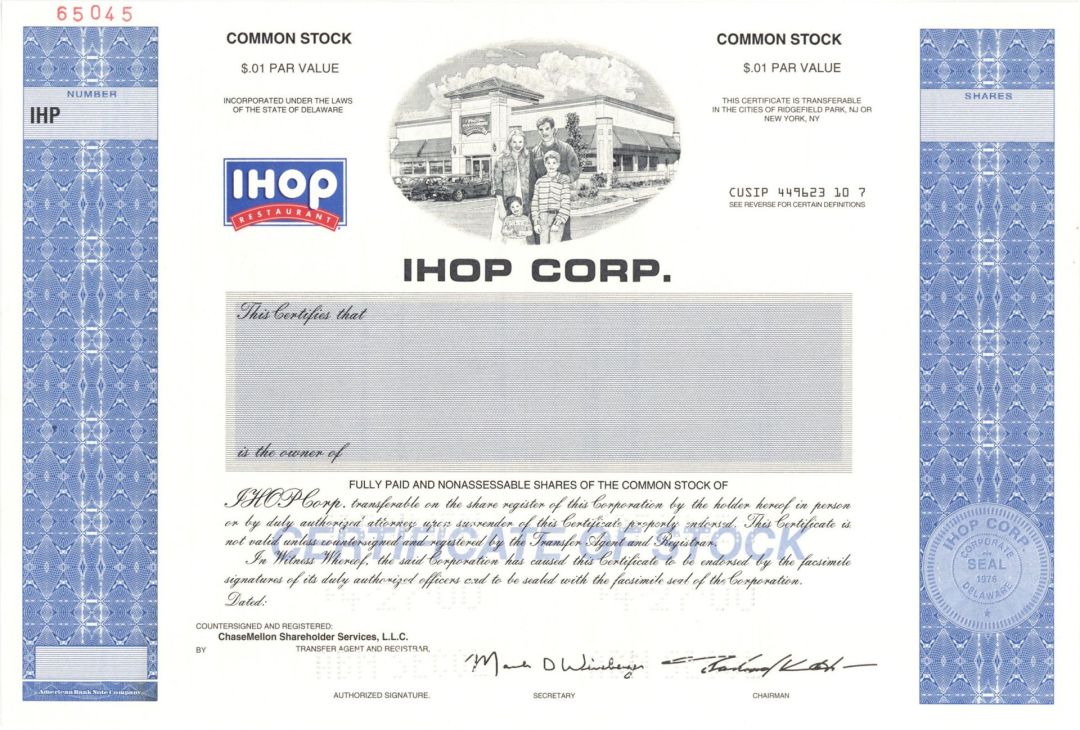 IHOP Corp. - 2000 dated Specimen Stock Certificate - International House of Pancakes