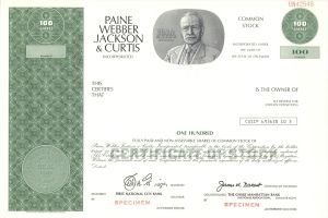 Paine Webber Jackson and Curtis Inc. - circa 1970's Specimen Stock Certificate