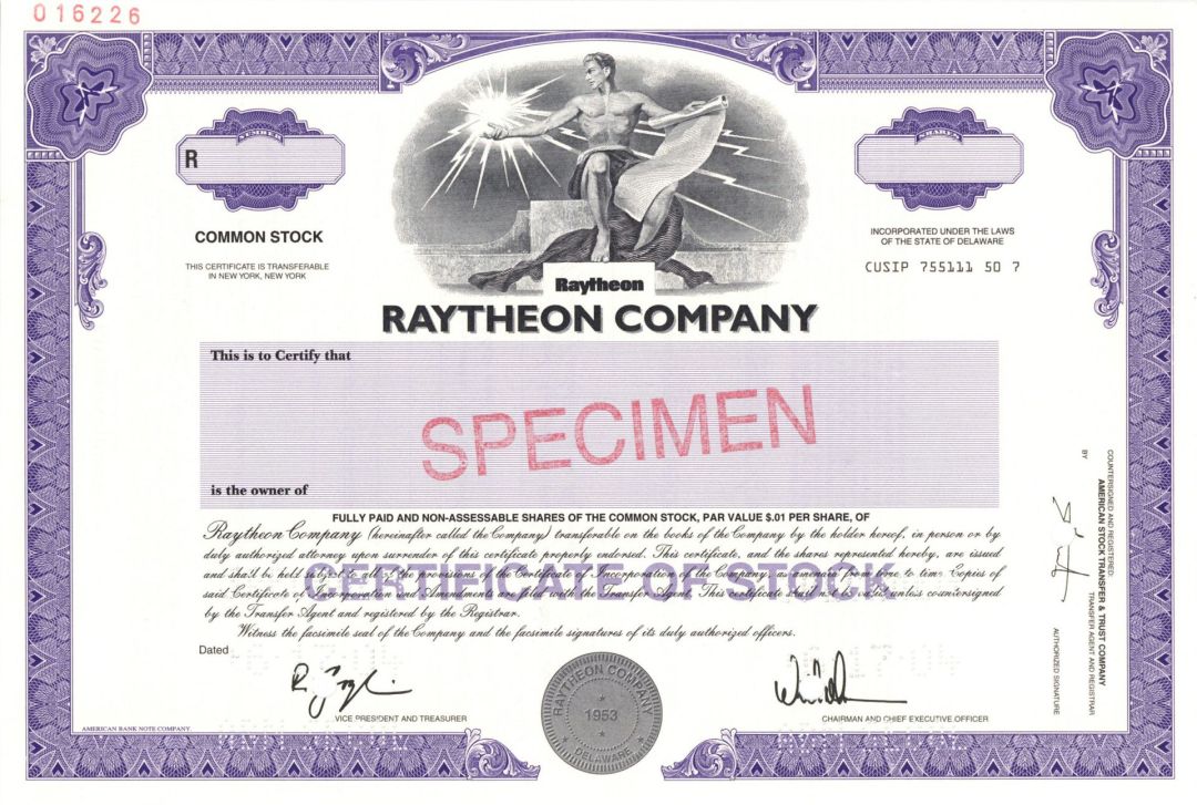 Raytheon Co. - 2005 dated Extremely Rare Specimen Stock Certificate - U.S. Defense Contractor & Industrial Corporation