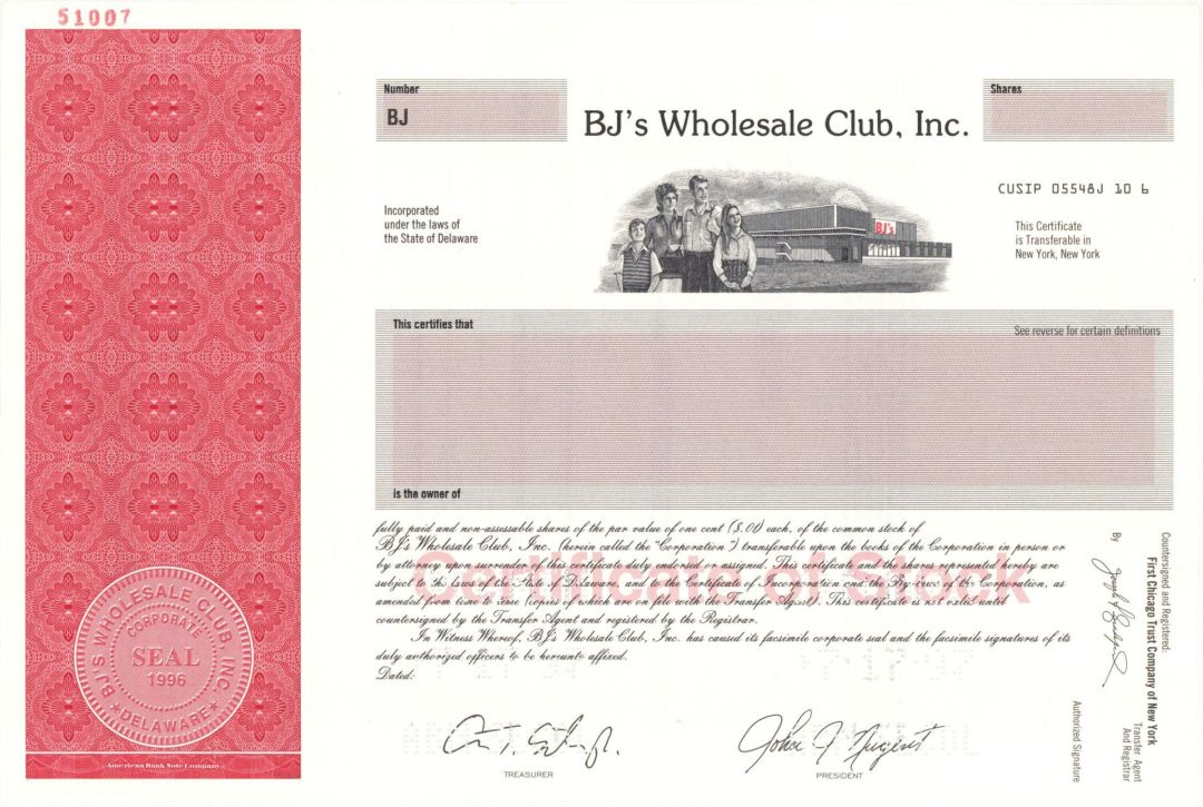 BJ's Wholesale Club, Inc. - 1997 dated Specimen Stock Certificate