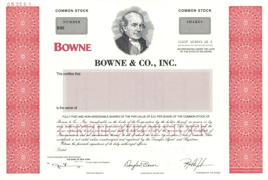 Bowne and Co., Inc. -  1999 Specimen Stock Certificate