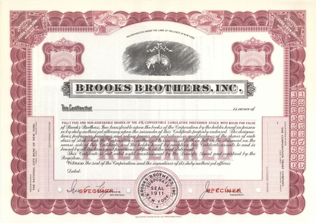 Brooks Brothers, Inc. - circa 1930's Famous Clothing Co. Specimen Stock Certificate