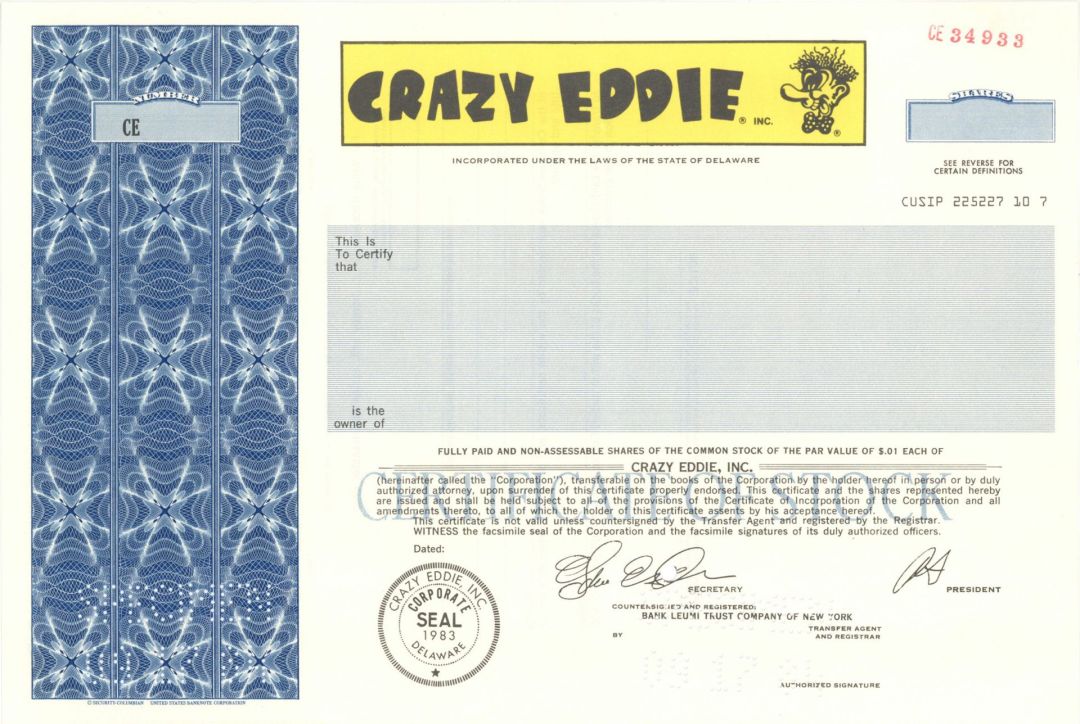 Crazy Eddie Inc. - 1984 dated Specimen Stock Certificate - Great Fraud History