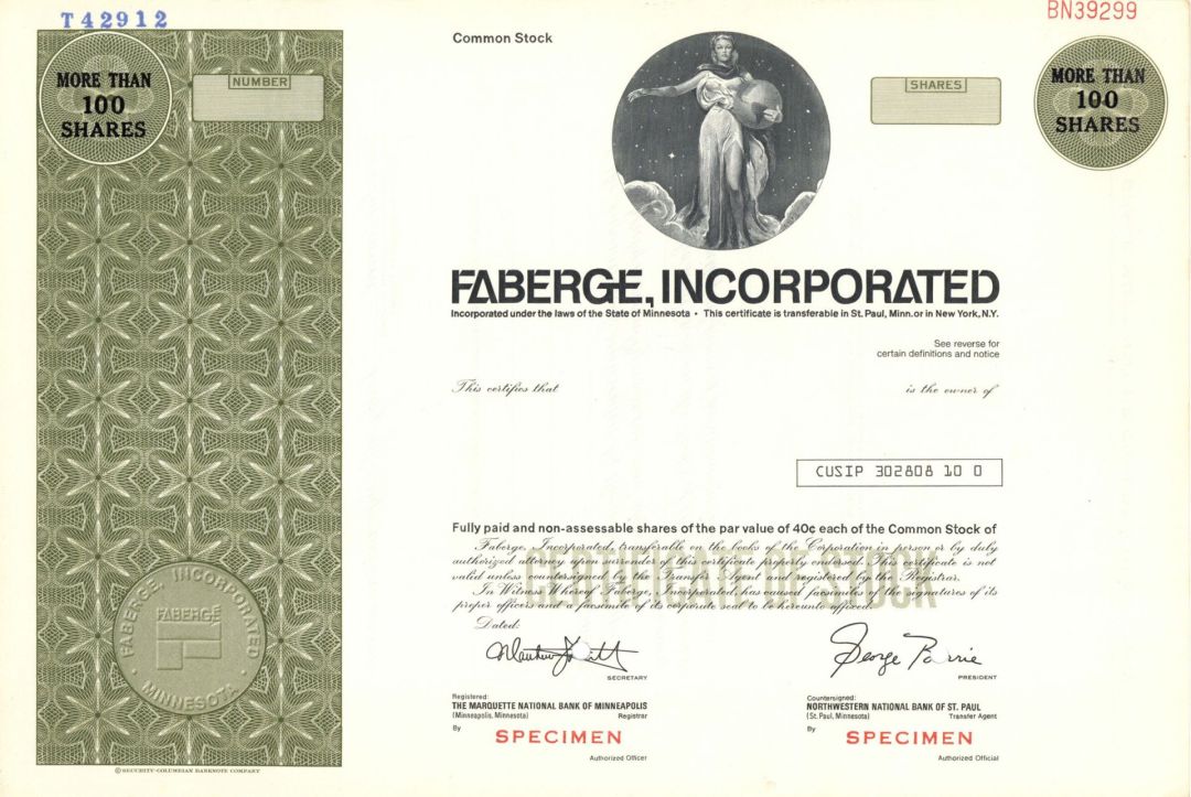 Faberge, Inc. -  Specimen Stock Certificate