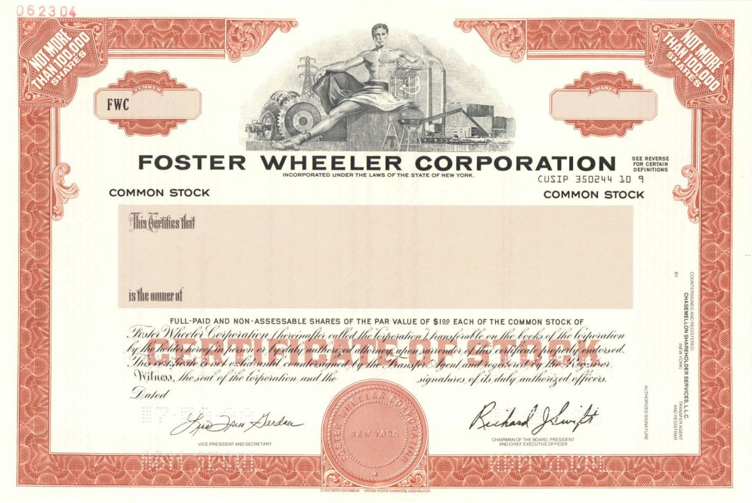 Foster Wheeler Corporation - 1999 dated Specimen Stock Certificate