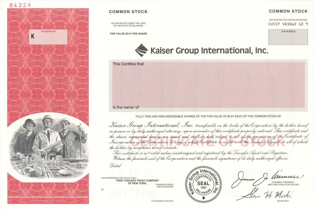 Kaiser Group International, Inc. - 2000 dated Specimen Stock Certificate