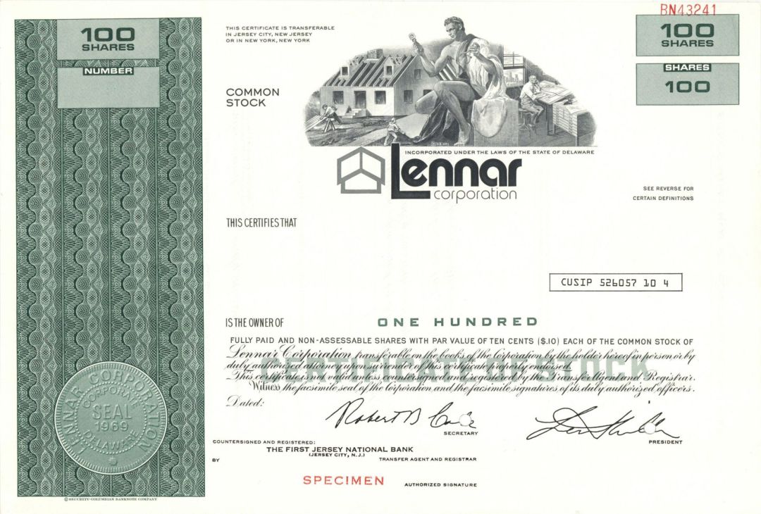 Lennar Corp.  -  1969 Specimen Stock Certificate