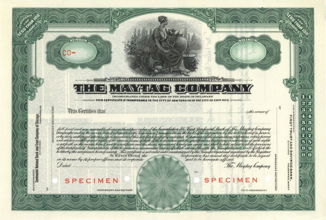 Maytag Co.  -  Specimen Stock Certificate