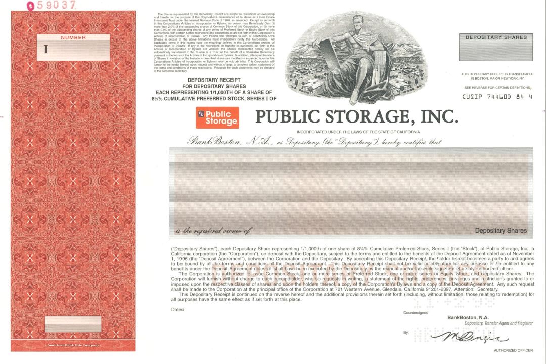 Public Storage, Inc. - 1998 dated Specimen Stock Certificate