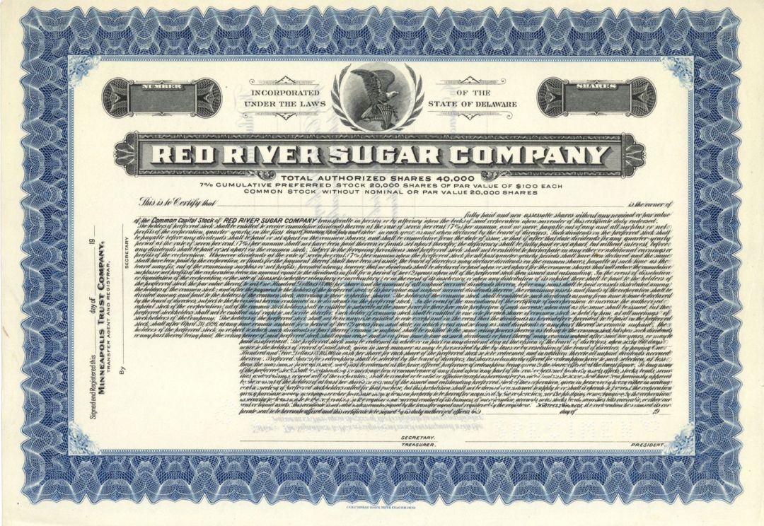 Red River Sugar Co. - Specimen Stock Certificate