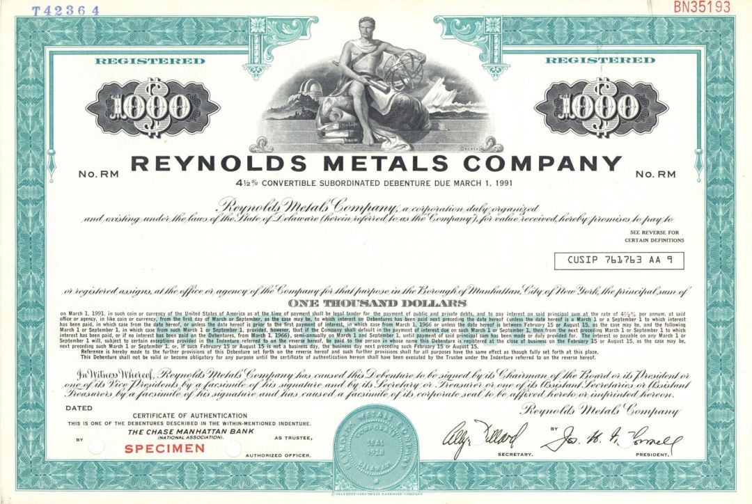 Reynolds Metals Co. - $1,000 Specimen Bond