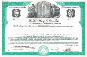 R.H. Macy and Co., Inc. - Various Denominations Specimen Bond