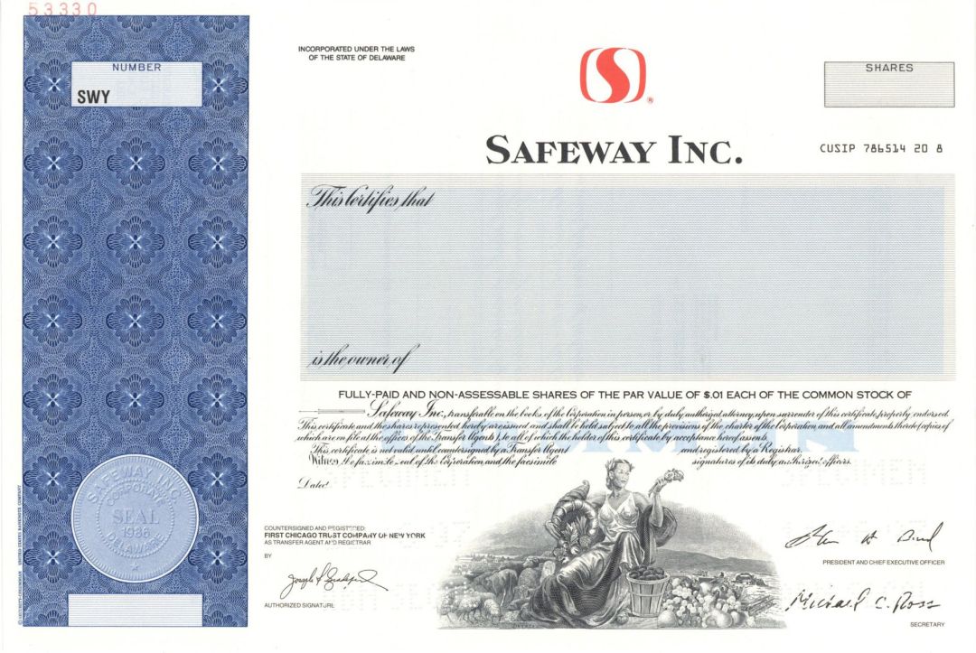 Safeway Inc. - 1997 dated Specimen Stock Certificate