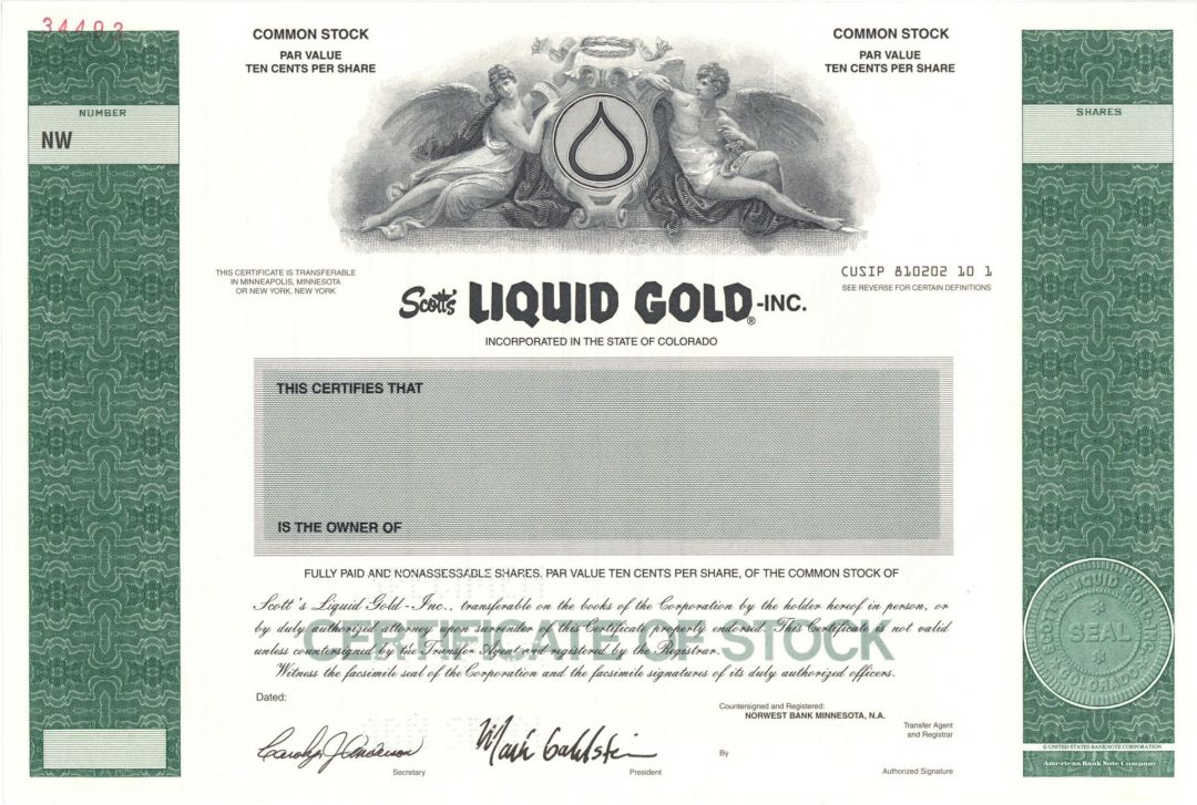 Scott's Liquid Gold Inc.  -  Specimen Stock Certificate