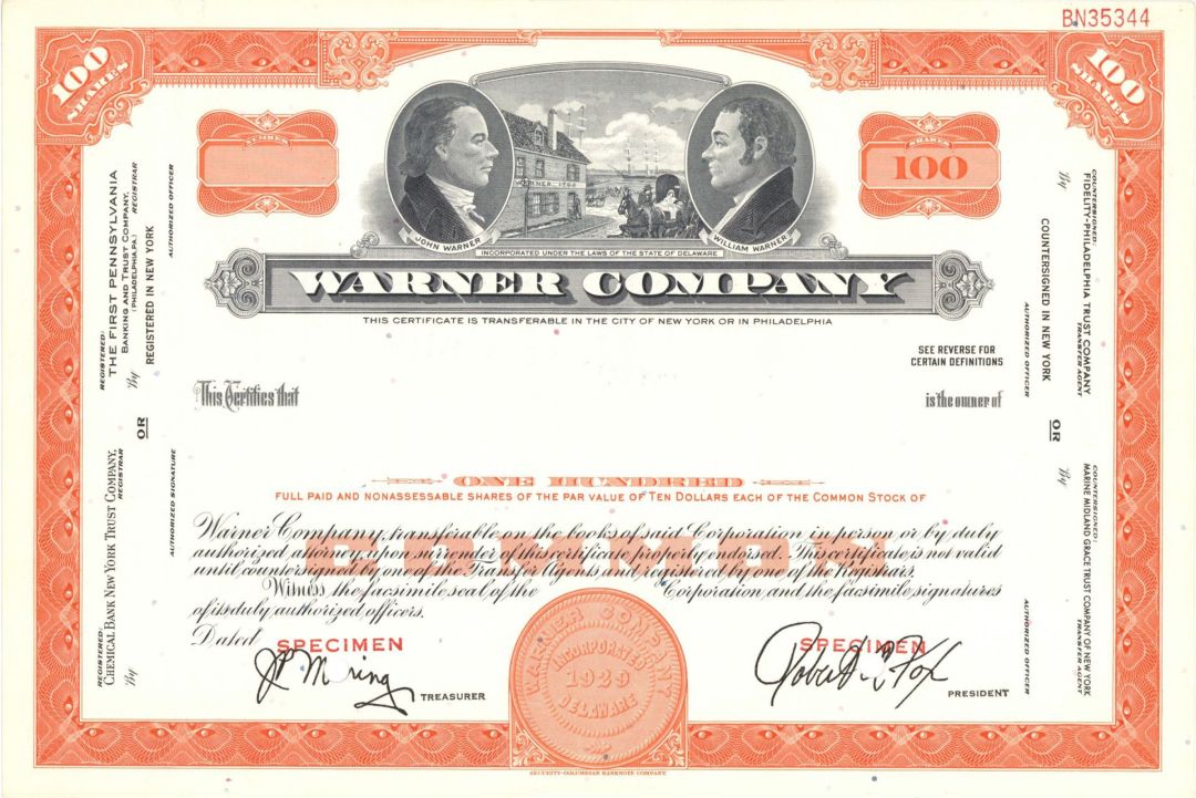 Warner Co.  -  1929 Specimen Stock Certificate