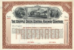 Cripple Creek Central Railway Co. - 1900's dated Specimen Stock Certificate