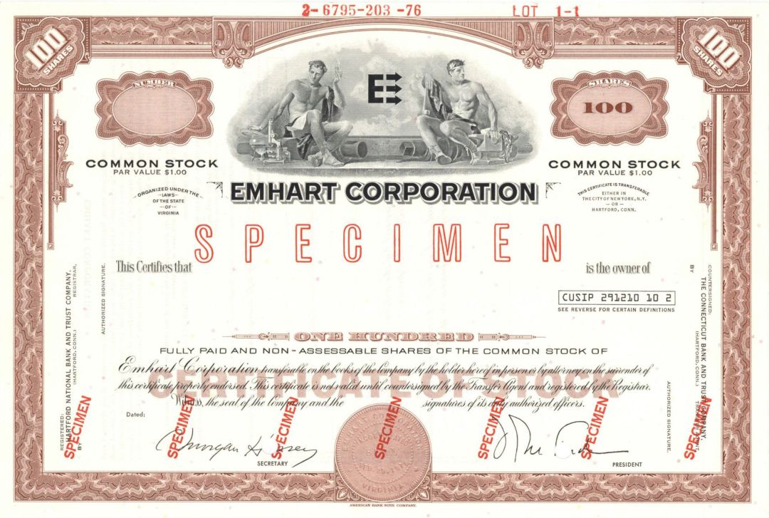 Emhart Corp. - 1976 Specimen Stock Certificate