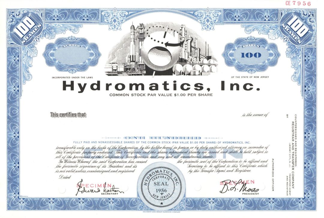 Hydromatics, Inc. - Specimen Stock Certificate