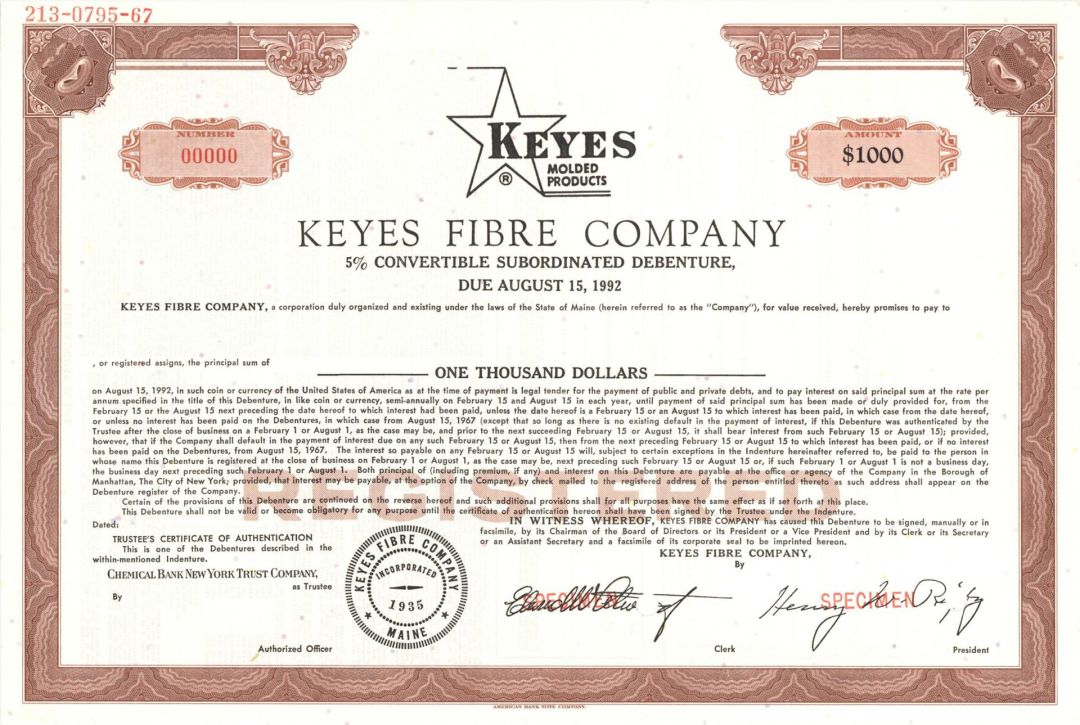 Keyes Fibre Co. - $1,000 Specimen Bond