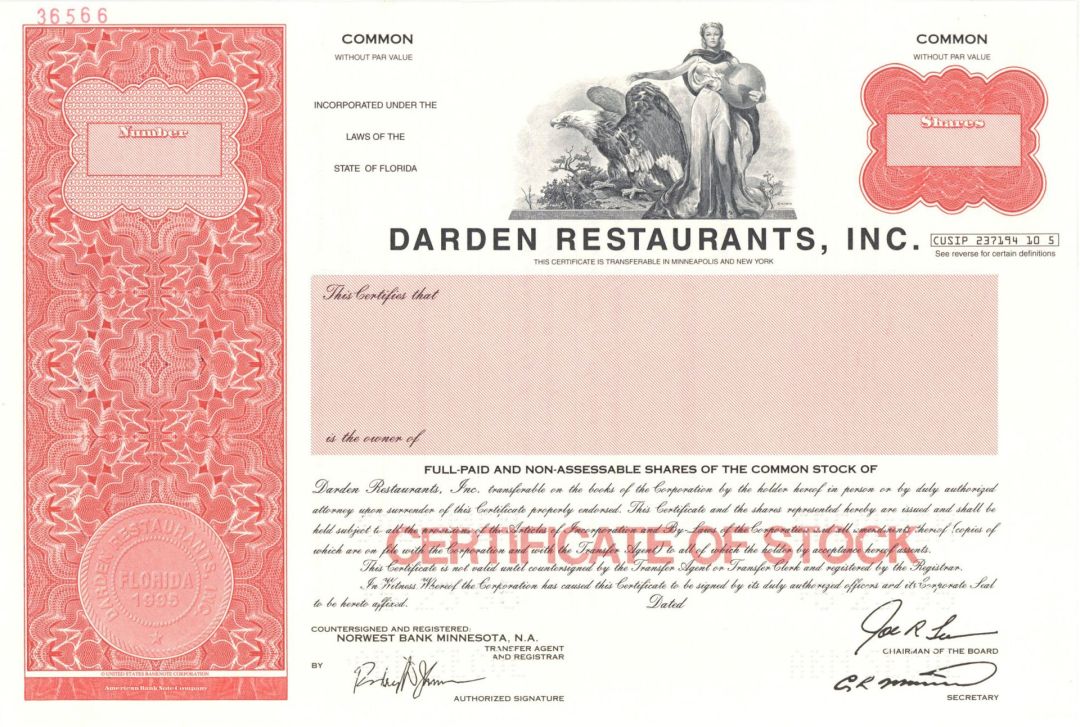 Darden Restaurants, Inc. - 1995 dated Specimen Stock Certificate