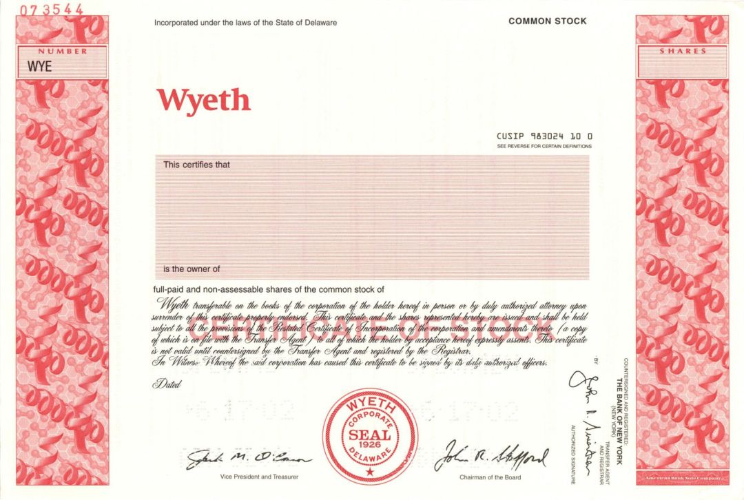 Wyeth - 2002 dated Specimen Stock Certificate