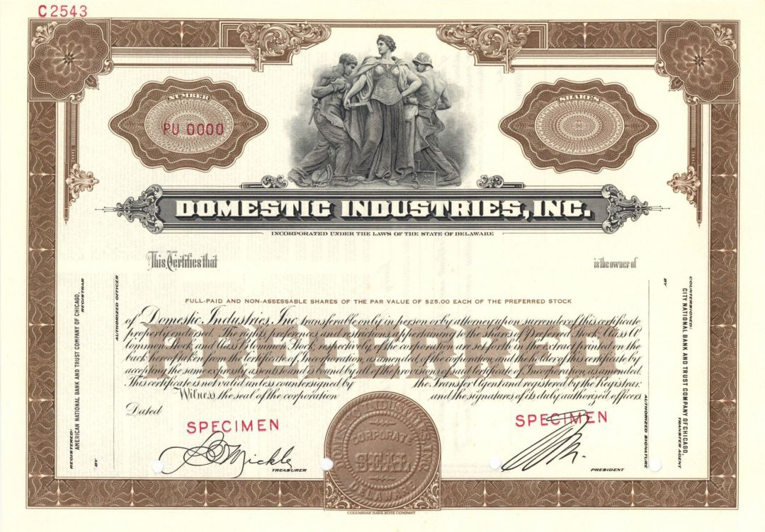 Domestic Industries, Inc. -  Specimen Stock Certificate