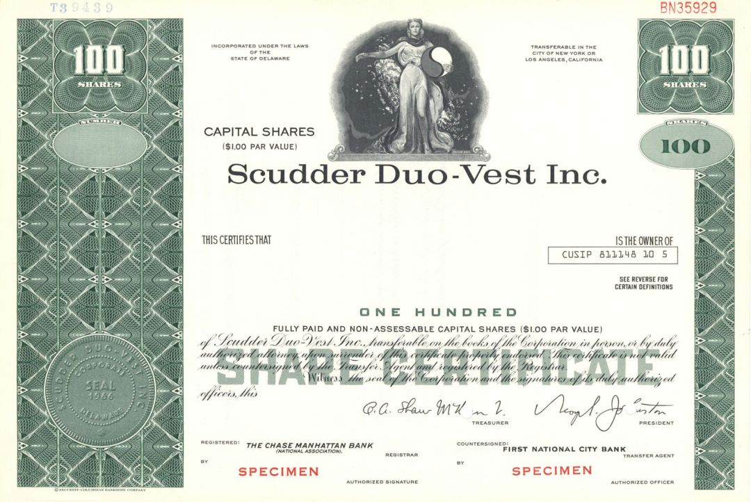 Scudder Duo-Vest Inc. -  1966 dated Specimen Stock Certificate