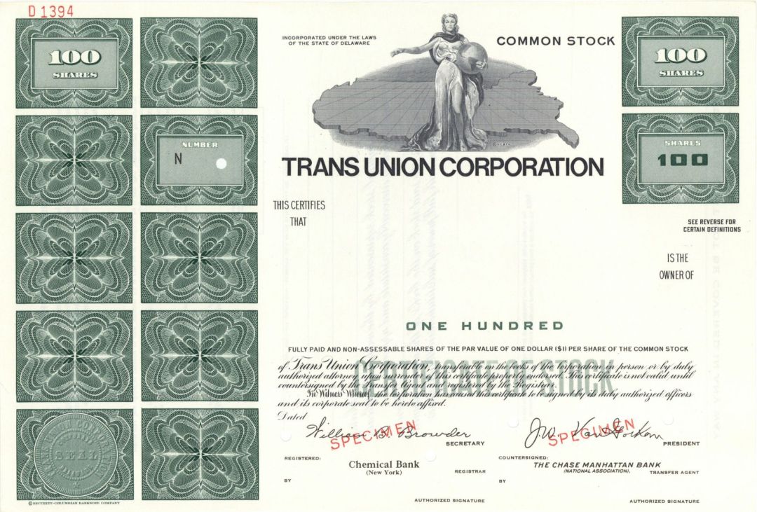 Trans Union Corp. - Specimen Stock Certificate