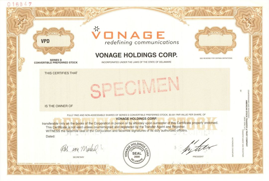 Vonage Holdings Corp. -  2000 dated Specimen Stock Certificate