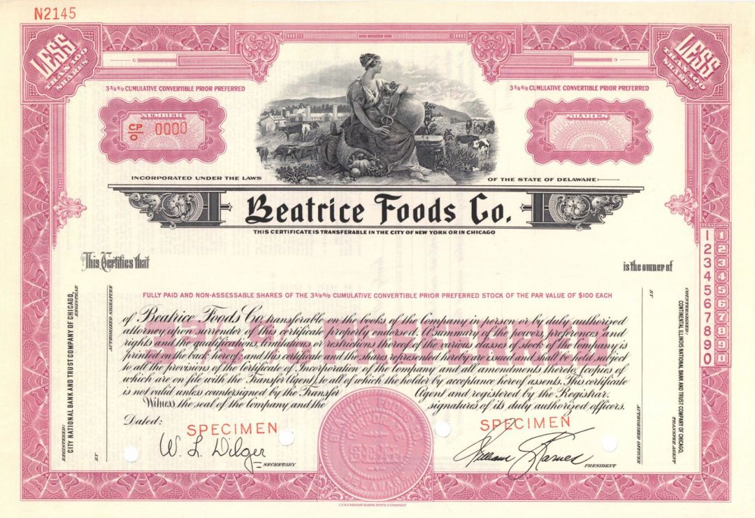 Beatrice Foods Co. -  Specimen Stock Certificate