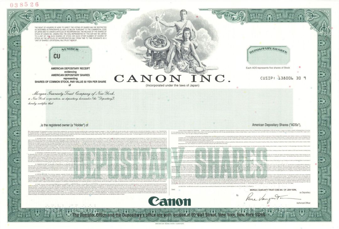 Canon Inc. - 1995 dated Specimen Stock Certificate