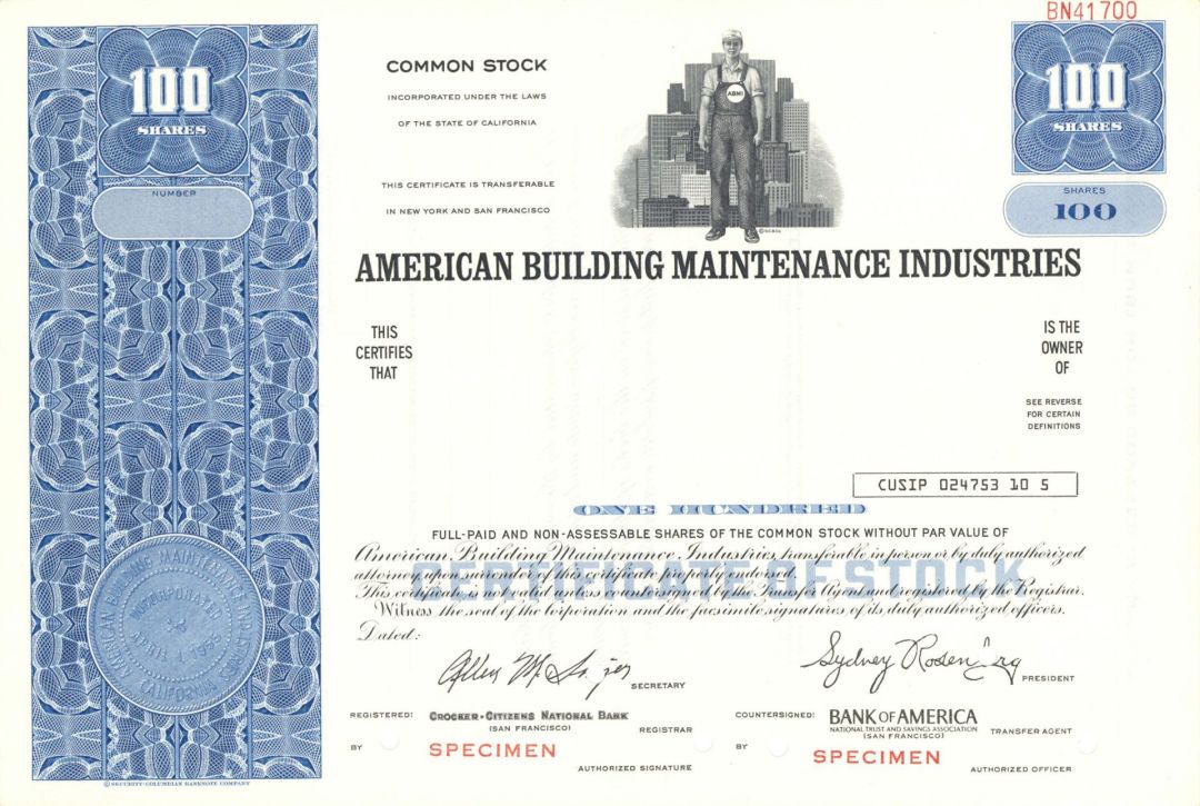 American Building Maintenance Industries - Specimen Stock Certificate