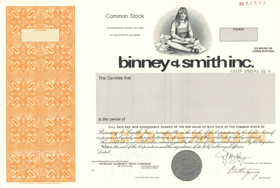 Binney and Smith Inc. -  1978 dated Specimen Stock Certificate