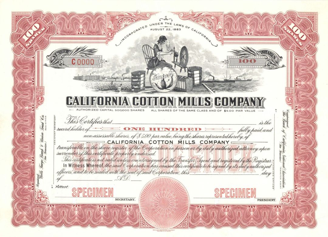 Califonia Cotton Mills Co. -  1883 dated Specimen Stock Certificate