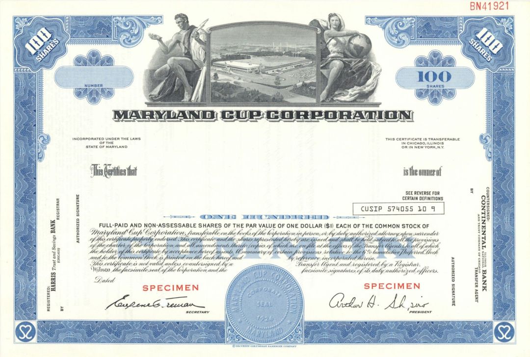 Maryland Cup Corp. - 1926 dated Specimen Stock Certificate